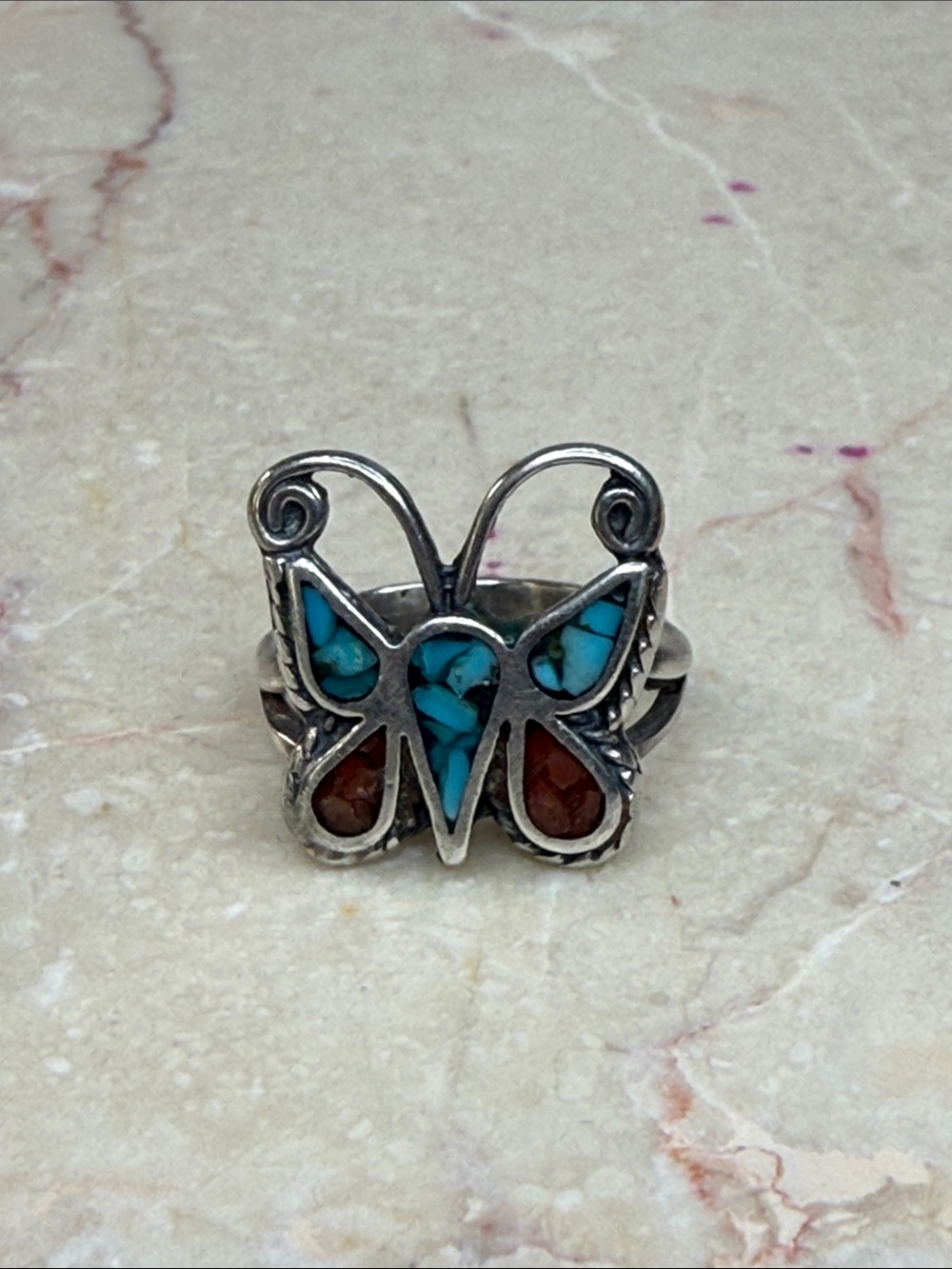 Navajo 925 Silver Butterfly Inlay Ring with Turquoise and Coral, Size 6